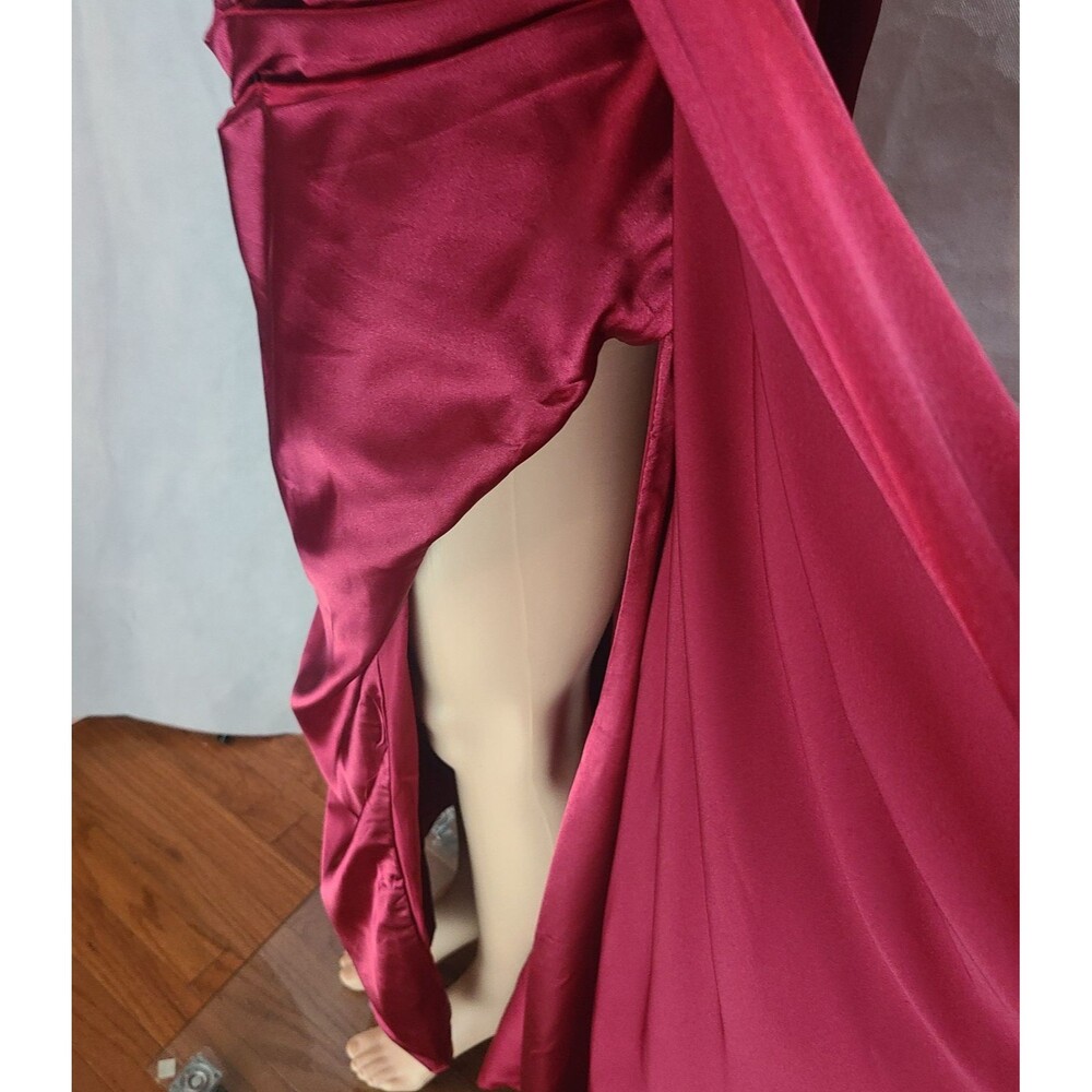New Prom (18W) Burgundy Lace/Satin Sequin Off Shoulder Rouched High Slit Dress - Picture 5 of 14